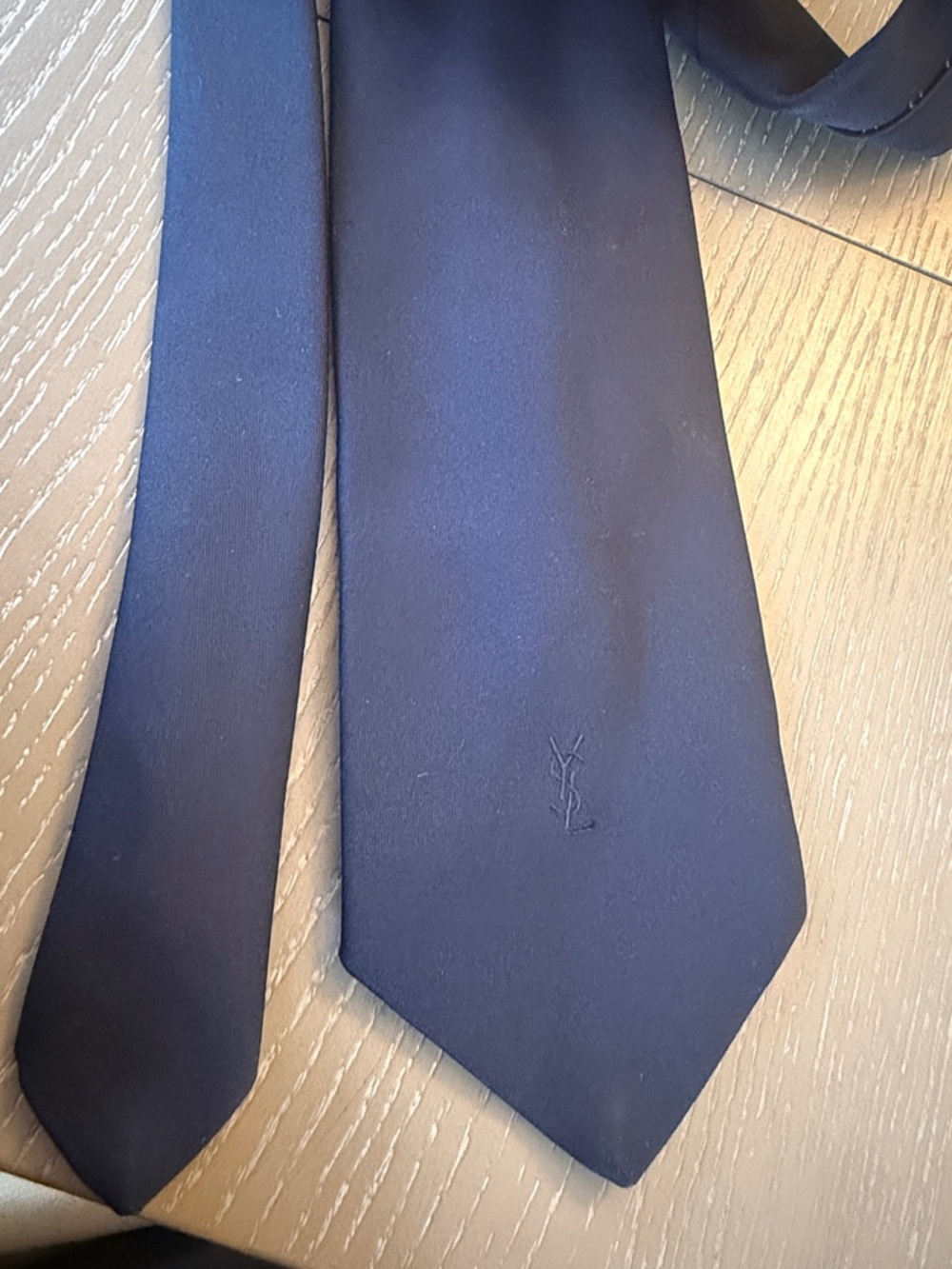 Yves Saint Laurent Solid Navy Silk Tie with Embroidered YSL
